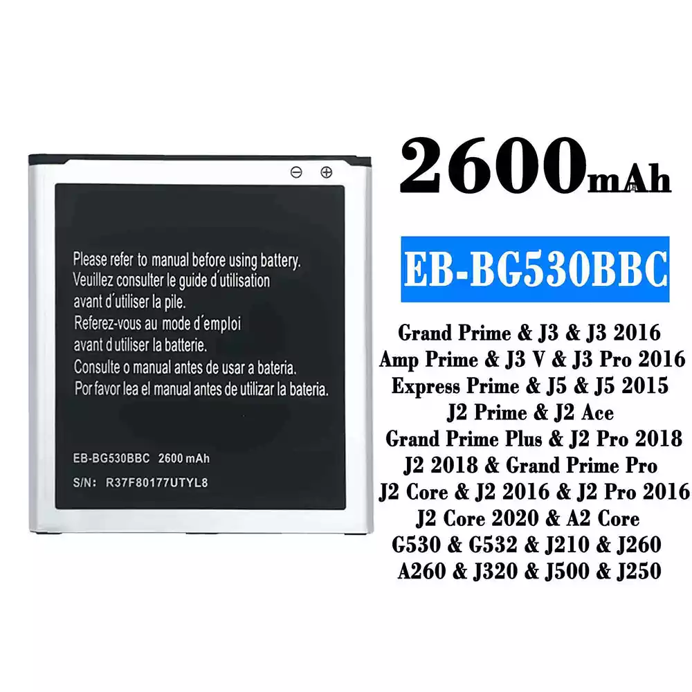 Batterie EB-BG530BBC pour Samsung J3/J3 2016/J3 V/J3 Pro 2016/J5/J5 2015/J2 Ace/J2 Pro 2018/J2 2018/J2 Core/J2 2016/J2 Pro 2016/J2 Core 2020/A2 Core
