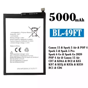 Batterie BL-49FT pour Tecno Camon 15 /Camon 15 Air/ Spark 5 Air /Spark 5 / Spark 5 Pro / Spark 6 Go / Spark Go 2020 / POP 4/POP 4 Air