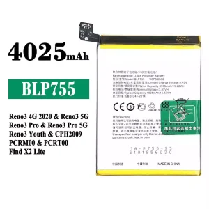 Batterie BLP755 pour OPPO Reno 3 4G 2020 / Reno 3 5G / Reno 3 Pro / Reno 3 Youth / Find X2 Lite