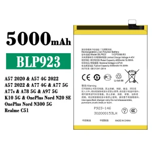 Batterie BLP923 pour OPPO A57 2020 /A57 2022 /A77 /A77s /A78/A97/ K10 / OnePlus Nord N20 SE /OnePlus Nord N300 5G /Realme C51